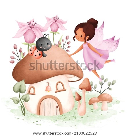 Watercolor Illustration Fairy Garden and Mushroon House 