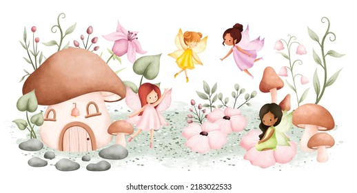 Watercolor Illustration Fairy Garden and plants 