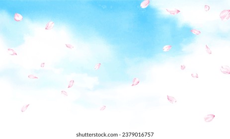 Watercolor illustration of falling cherry blossom petals in the blue sky.