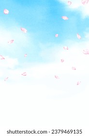 Watercolor illustration of falling cherry blossom petals in the blue sky
