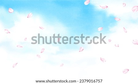 Watercolor illustration of falling cherry blossom petals in the blue sky.