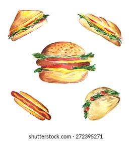 Watercolor illustration of fast food set with hamburger, hotdog,classic sandwich, panini sandwich and Mexican pita. Vector illustration