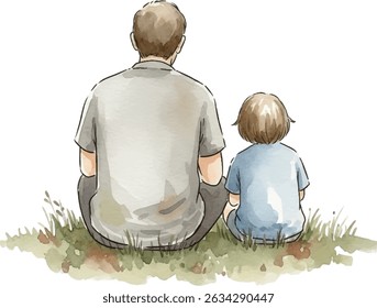 Watercolor Illustration of Father and Son Sitting on Grass. Father's Day Concept