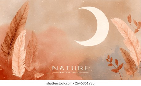 Watercolor illustration of feathers and leaves with a crescent moon.