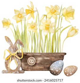 Watercolor Illustration Features Yellow Daffodils In A Pot, Easter Eggs And A Wooden Easter Bunny Decor