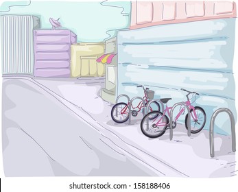 Watercolor Illustration Featuring Bicycles Parked in a Small Parking Lot