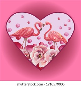 Watercolor illustration of flamingo birds and flowers. Valentine's Day birds in love.