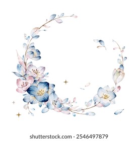 Watercolor illustration of a floral wreath composed of blue and pink flowers and leaves