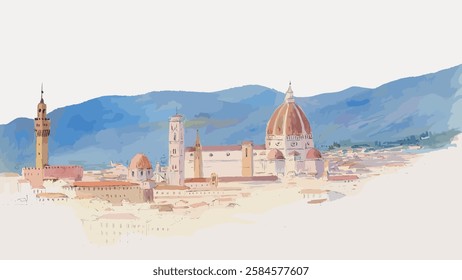 Watercolor illustration of Florence skyline. Florence skyline with iconic landmarks. Artistic depiction of Florence skyline. Florence cityscape in watercolor. Vintage art illustration, vector.