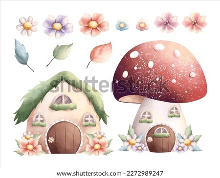 Watercolor illustration Flower and fairy house