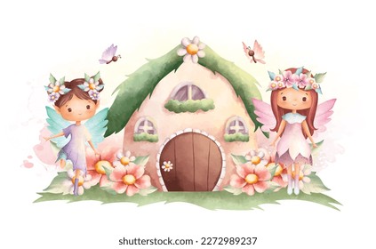 Watercolor illustration Flower fairy and little house