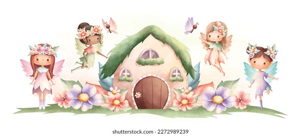 Watercolor illustration Flower fairy   little house