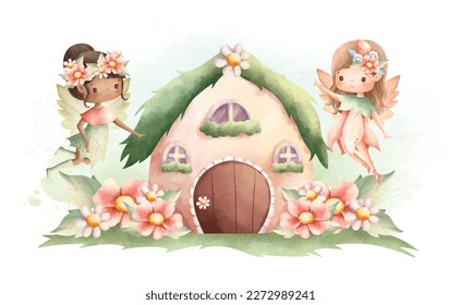 Watercolor illustration Flower fairy and little house