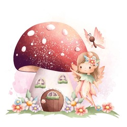 Watercolor Illustration Flower Fairy And Mushroom House