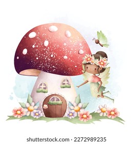 Watercolor illustration Flower fairy and mushroom house