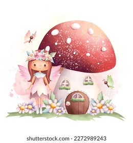 Watercolor illustration Flower fairy and mushroom house