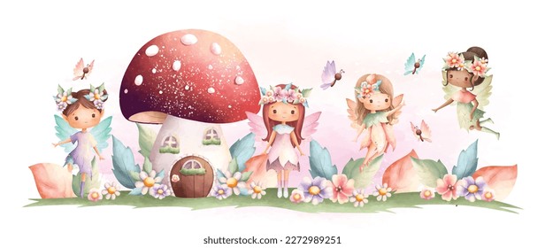 Watercolor illustration Flower fairy and mushroom house