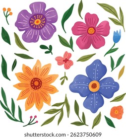 watercolor illustration of flowers with different colors and leaves - purple, pink, yellow, blue