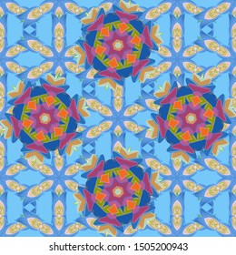 Watercolor illustration. Flowers on blue, pink and beige colors. Hand drawn. Seamless pattern with flowers.