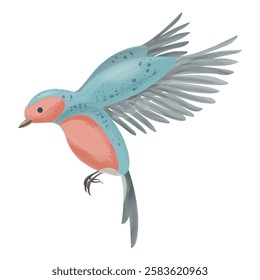 Watercolor illustration of a flying bird with vibrant blue and coral feathers, isolated on a transparent background. Perfect for nature-themed designs, greeting cards, and wildlife illustrations.