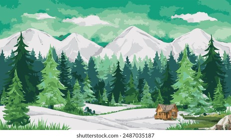 watercolor illustration of a forest landscape, featuring a blend of pine, fir, and cedar trees. The background is dominated by a soft green hue, with snow-capped mountains.