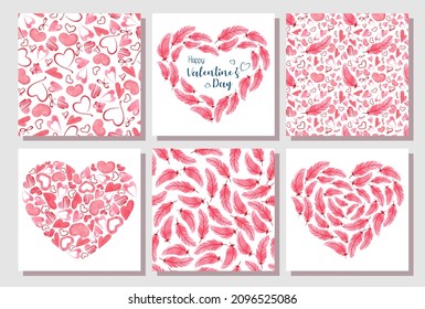 Watercolor illustration in the form of a heart for Valentine's Day. Composition of pink feathers for the holiday of all lovers.
