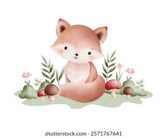 Watercolor Illustration Fox and Nature Elements