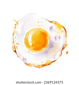 Watercolor illustration fried egg. 
Vector isolated painting of fresh organic food breakfast