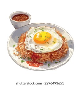 Watercolor illustration of fried rice with egg on top