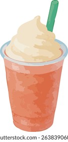 A watercolor illustration of a frozen drink topped with whipped cream in a plastic takeaway cup. Perfect for cafe menus, summer-themed visuals, and to-go drink designs.