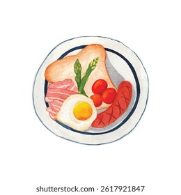 Watercolor Illustration of Full English Breakfast on a Plate