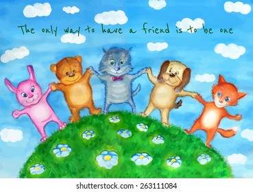 Watercolor illustration with funny animals on green field and english proverb about friendship