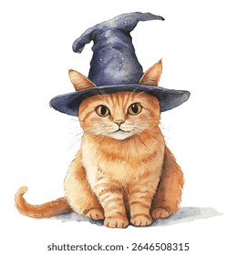 A watercolor illustration of a ginger cat sitting upright, wearing a dark blue witch hat that accommodates its pointed ears.