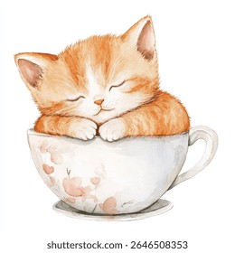 Uma ilustração aquarela de um gatinho de gengibre, olhos fechados, aninhados dentro de uma xícara de chá decorada com desenhos florais cor-de-rosa.