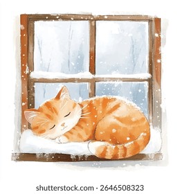 A watercolor illustration of a ginger tabby cat curled up asleep on a snow-covered windowsill, with a snowy window behind it.