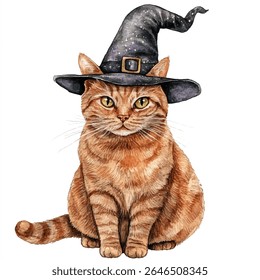 A watercolor illustration of a ginger tabby cat sitting upright, wearing a black witch hat with a buckle and speckled details.