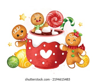 Watercolor Illustration Gingerbread and Christmas drink with Christmas ornaments