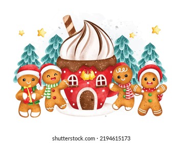 Watercolor Illustration Gingerbread and House with Chritsmas ornaments