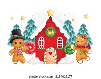 Watercolor Illustration Gingerbread and House with Chritsmas ornaments
