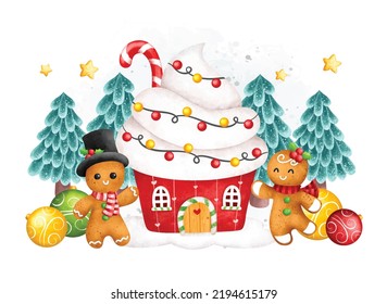 Watercolor Illustration Gingerbread and House with Chritsmas ornaments
