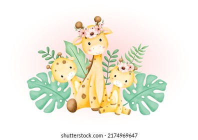 Watercolor illustration giraffe family and tropical leaves