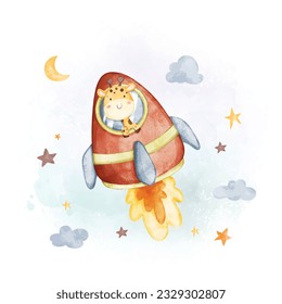 Watercolor illustration giraffe in rocket with clouds and stars