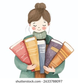 A watercolor illustration of a girl with closed eyes, holding a stack of colorful books close to her chest.