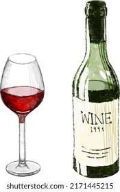 Ilustración acuarela de un vaso y botella de vino tinto. También vendemos ilustraciones vectoriales.