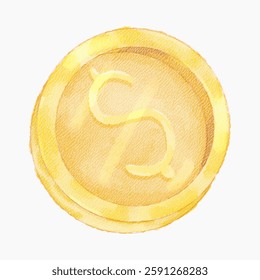 Watercolor illustration of a gold coin with a dollar sign, soft hand-painted texture in warm yellow tones. White background. Perfect for finance, investment, and digital currency themes.