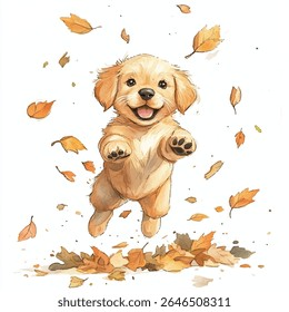 A watercolor illustration of a golden retriever puppy mid-leap, surrounded by falling autumn leaves, with a happy, open-mouthed expression.