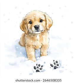 Uma ilustração em aquarela de um filhote de cachorro golden retriever sentado na neve, com impressões de pata visíveis na frente dele.