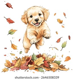 Uma ilustração em aquarela de um filhote de cachorro golden retriever no meio do salto sobre uma pilha de folhas coloridas de outono, com folhas dispersas flutuando em torno dele.