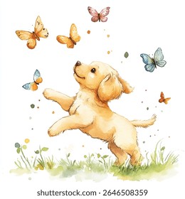 Ilustração em aquarela de um filhote de cachorro golden retriever saltando com patas estendidas em direção a borboletas coloridas em um campo de grama verde.