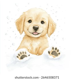 Watercolor illustration of a golden retriever puppy with snow on its fur and paws, smiling sweetly with its tongue slightly visible.